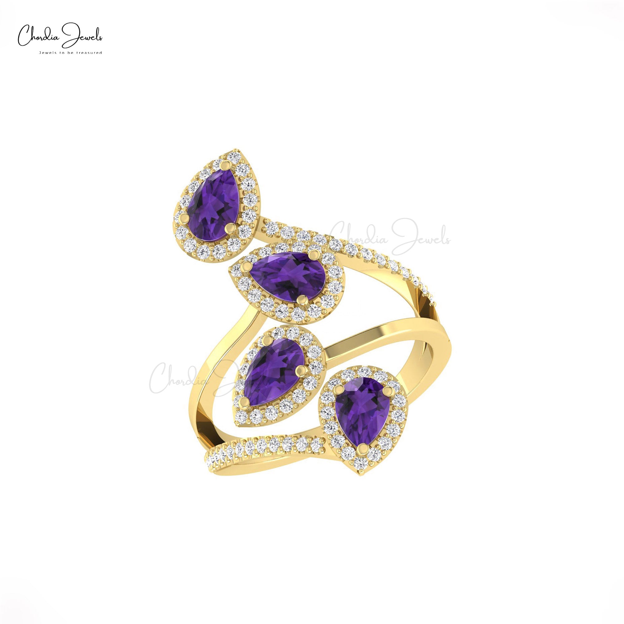 Delicate Cocktail Leaf Ring with 1.5 Ct Amethyst Diamond Halo Anniversary Ring In 14k Gold