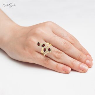 Tear Drop Red Garnet Halo Ring In Real 14k Gold Gemstone 6x4mm And Diamond Cocktail Ring