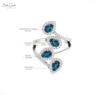 Dainty Diamond Cocktail Ring In Pure 14k Gold London Blue Topaz Hallmarked Halo Rings