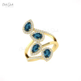 Dainty Diamond Cocktail Ring In Pure 14k Gold London Blue Topaz Hallmarked Halo Rings