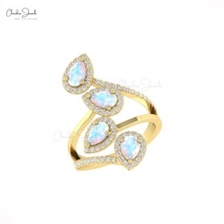 Halo Leaf Statement Ring With 6x4mm Rainbow Moonstone Diamond Unique Ring In 14k Gold