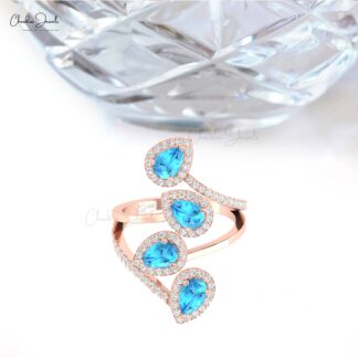 Statement Cocktail Ring With 1.5 Ct Swiss Blue Topaz Halo Diamond 14k Real Gold Unique Ring