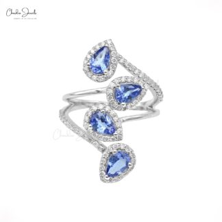 Pear Halo Wedding Ring With 1.48 Ct Tanzanite And Diamond Leaf Rings In 14k White Gold