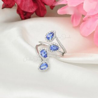 Pear Halo Wedding Ring With 1.48 Ct Tanzanite And Diamond Leaf Rings In 14k White Gold