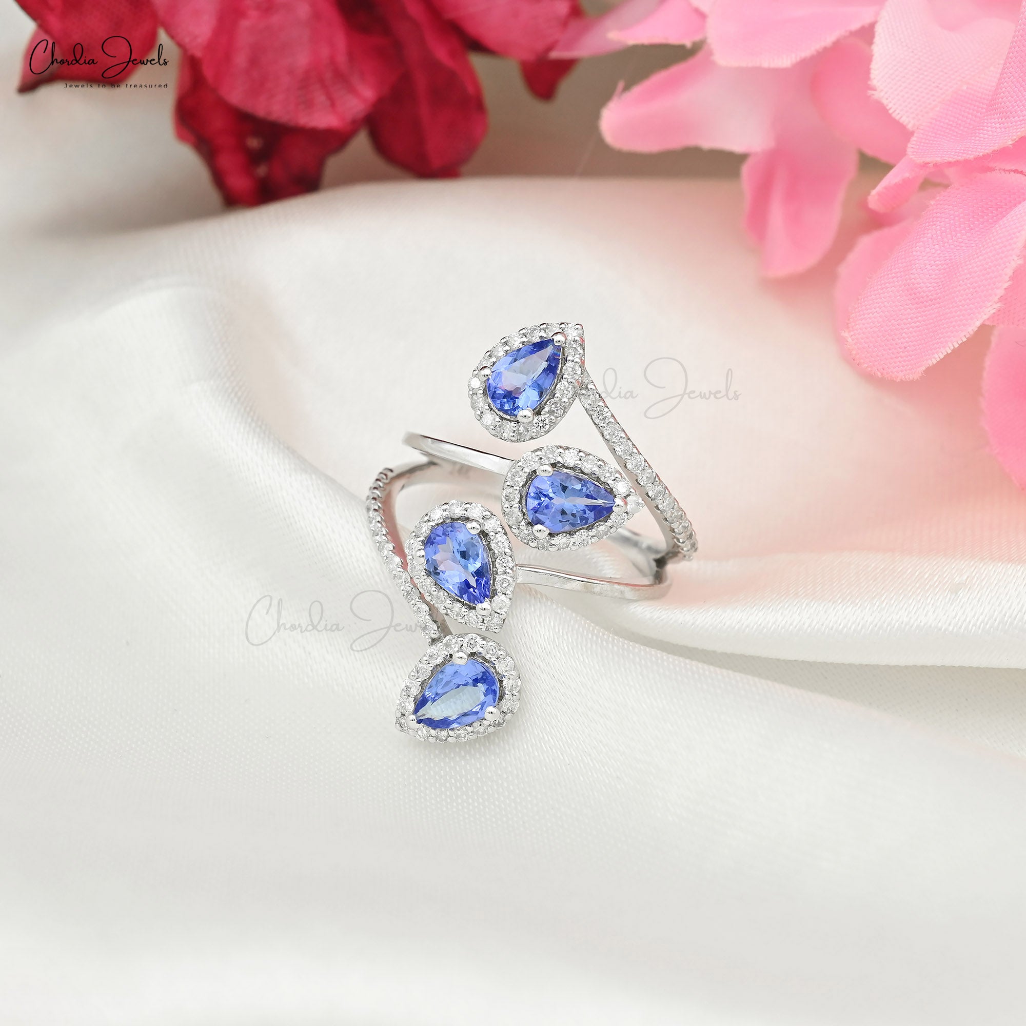 Pear Halo Wedding Ring With 1.48 Ct Tanzanite And Diamond Leaf Rings In 14k White Gold