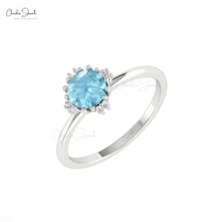 Round Aquamarine Diamond Ring In 14k Real Gold Handmade Minimalist Jewelry For Her