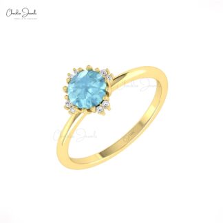 Round Aquamarine Diamond Ring In 14k Real Gold Handmade Minimalist Jewelry For Her