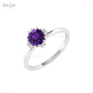 Pure 14k Gold Diamond Accents Ring With 6mm Amethyst Gemstone Anniversary Rings