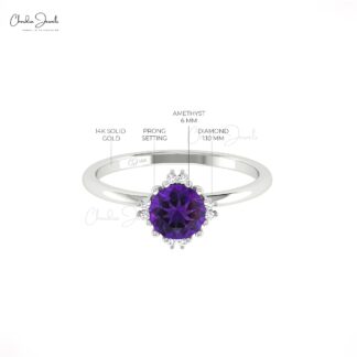 Pure 14k Gold Diamond Accents Ring With 6mm Amethyst Gemstone Anniversary Rings