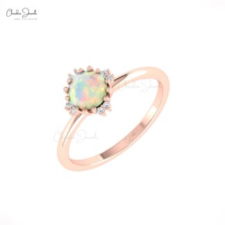 Two Birthstone Dainty Ring In 14k Pure Gold Fire Opal 6mm Round And Diamond Women Rings
