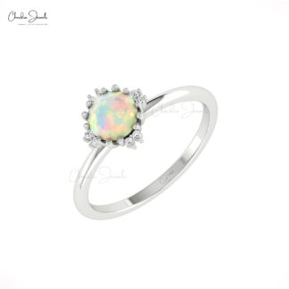 Two Birthstone Dainty Ring In 14k Pure Gold Fire Opal 6mm Round And Diamond Women Rings