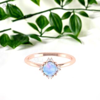 Real 14k Gold Dual Birthstone Ring With 6mm Rainbow Moonstone And Diamond Bridal Rings