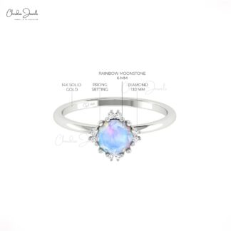 Real 14k Gold Dual Birthstone Ring With 6mm Rainbow Moonstone And Diamond Bridal Rings