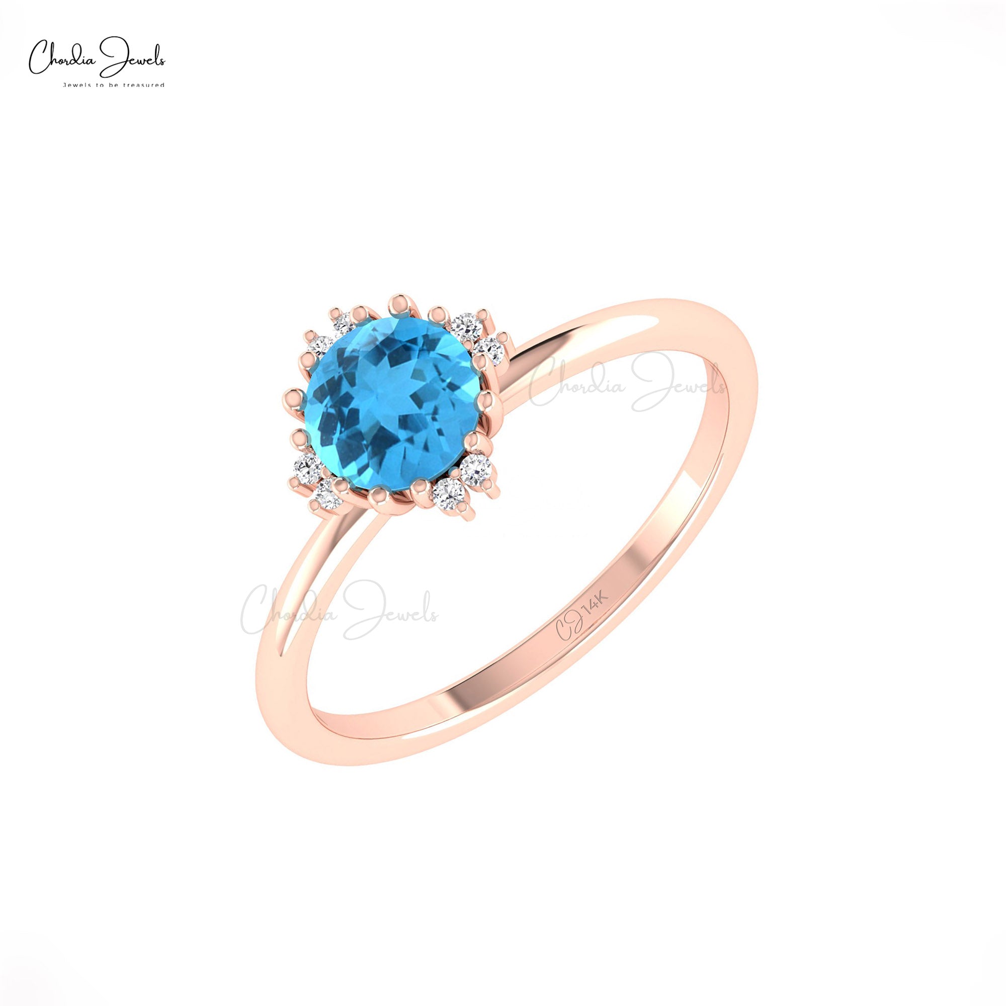 Round Gemstone Ring With 0.74 Ct Swiss Blue Topaz Diamond 14k Real Gold Love Ring
