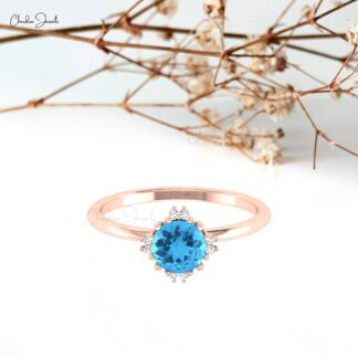 Round Gemstone Ring With 0.74 Ct Swiss Blue Topaz Diamond 14k Real Gold Love Ring