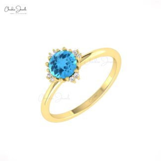 Round Gemstone Ring With 0.74 Ct Swiss Blue Topaz Diamond 14k Real Gold Love Ring
