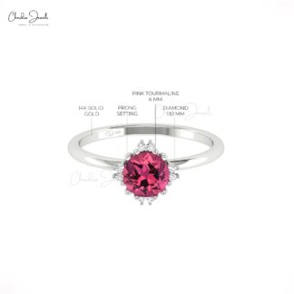 Gemstone Wedding Ring With 6mm Pink Tourmaline & Diamond Prong Set In 14k Pure Gold Ring