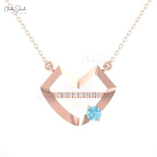 Unique Hubb Heart Necklace With 4mm Aquamarine And Pave Diamond 14k Real Gold Necklace