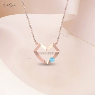 Unique Hubb Heart Necklace With 4mm Aquamarine And Pave Diamond 14k Real Gold Necklace