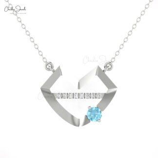 Unique Hubb Heart Necklace With 4mm Aquamarine And Pave Diamond 14k Real Gold Necklace
