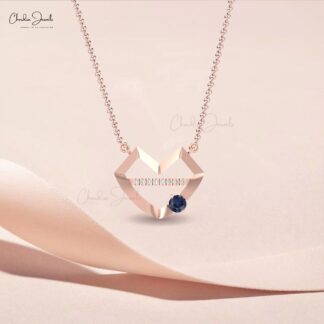 Delicate Heart Lips Necklace With 4mm Blue Sapphire And G-H Diamond 14k Pure Gold Necklace