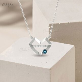 Heart Shape Minimal Necklace With 4mm London Blue Topaz Diamond Bar 14k Gold Necklace