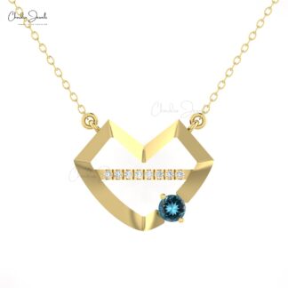 Heart Shape Minimal Necklace With 4mm London Blue Topaz Diamond Bar 14k Gold Necklace