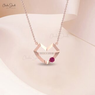 Round Cut Lip Style Necklace In Real 14k Gold Burma Ruby 4mm Gemstone Diamond Jewelry