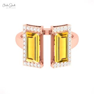 Open Cuff Diamond Rings With 12x7mm Citrine Prong Set In 14k Pure Gold Women Ring