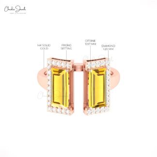Open Cuff Diamond Rings With 12x7mm Citrine Prong Set In 14k Pure Gold Women Ring