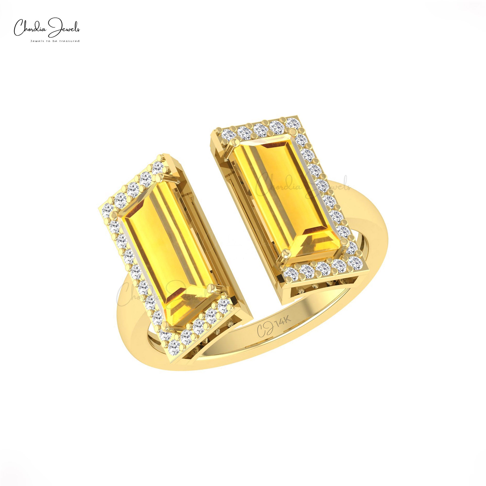 Open Cuff Diamond Rings With 12x7mm Citrine Prong Set In 14k Pure Gold Women Ring