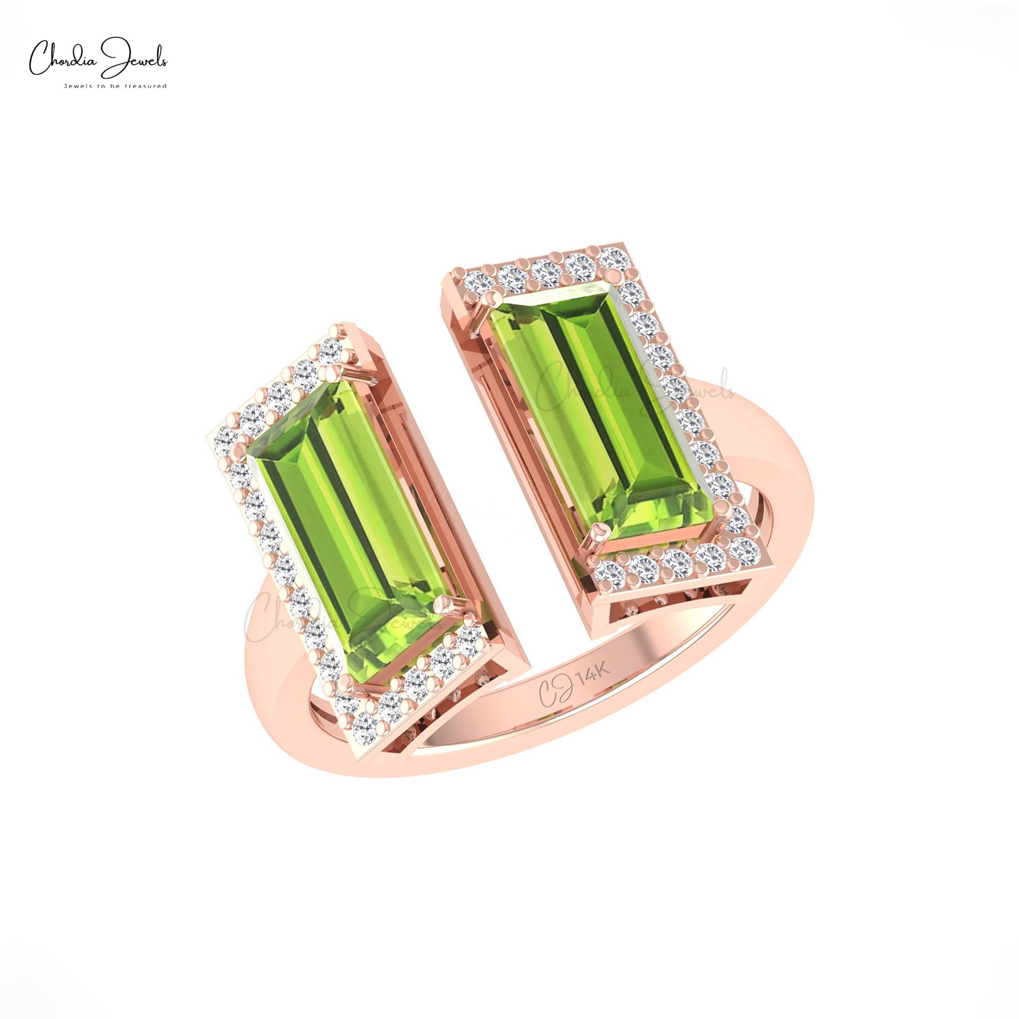 Half Halo Diamond Ring In Solid 14k Gold Peridot 12x7mm Baguette Split Shank Bridal Rings