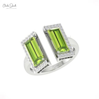 Half Halo Diamond Ring In Solid 14k Gold Peridot 12x7mm Baguette Split Shank Bridal Rings