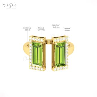 Half Halo Diamond Ring In Solid 14k Gold Peridot 12x7mm Baguette Split Shank Bridal Rings
