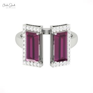 Natural Rhodolite Garnet Baguette Ring In Solid 14k Gold Diamond Half Halo Wedding Rings