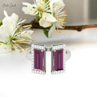 Natural Rhodolite Garnet Baguette Ring In Solid 14k Gold Diamond Half Halo Wedding Rings