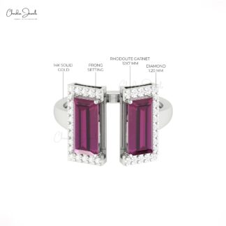 Natural Rhodolite Garnet Baguette Ring In Solid 14k Gold Diamond Half Halo Wedding Rings