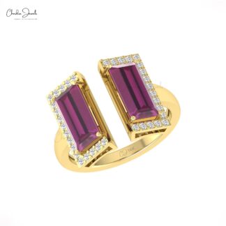 Natural Rhodolite Garnet Baguette Ring In Solid 14k Gold Diamond Half Halo Wedding Rings