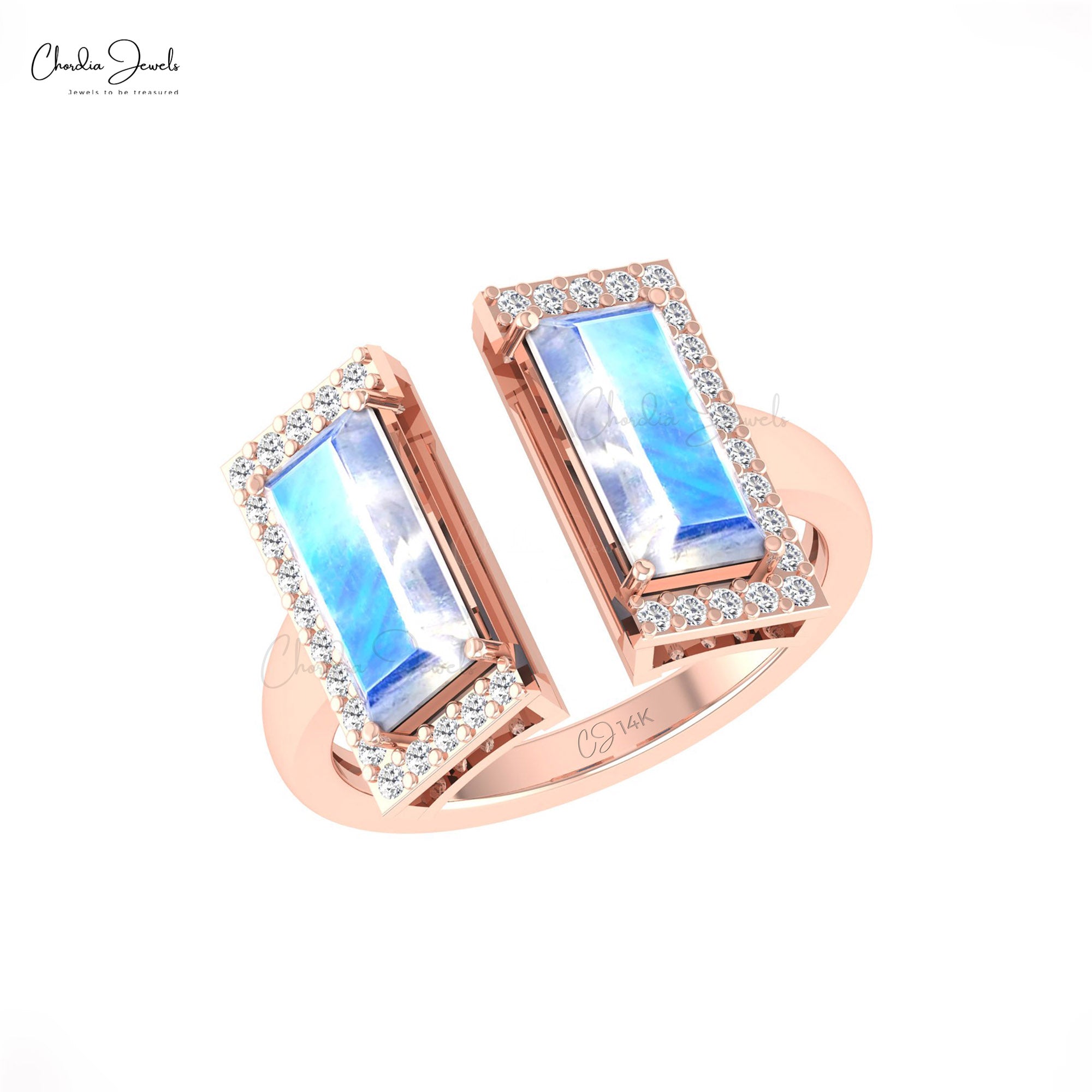 Baguette Rainbow Moonstone Ring In Pure 14k Gold Half Halo Diamond Open Cuff Rings