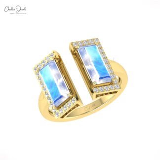 Baguette Rainbow Moonstone Ring In Pure 14k Gold Half Halo Diamond Open Cuff Rings