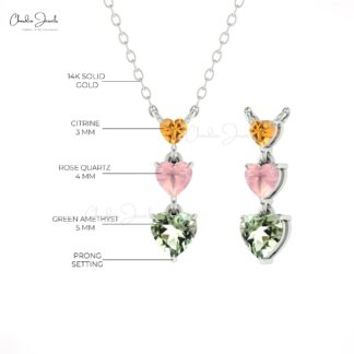 Trio Heart Cut Chain Necklace In 14k Gold Citrine 3mm And Rose Quartz & Amethyst Necklaces