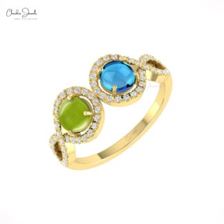 Dual Halo Wedding Ring In 14k Solid Gold Peridot And Blue Topaz Diamond Handmade Rings