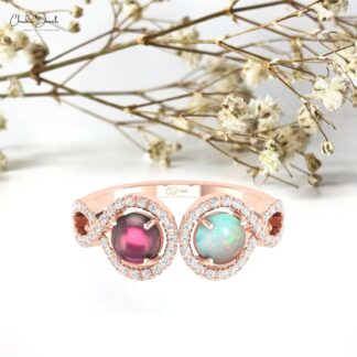 Pure 14k Gold 2 Halo Diamond Ring With 5mm Pink Tourmaline And Fire Opal Engagement Rings