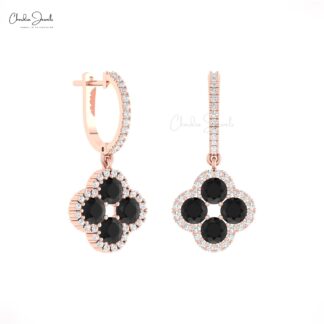Floral Diamond Earring In Solid 14k Gold Black Diamond 4mm Round 4 Leaf Halo Earrings