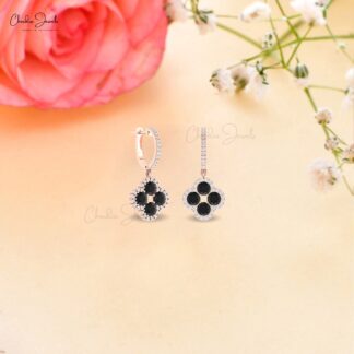 Floral Diamond Earring In Solid 14k Gold Black Diamond 4mm Round 4 Leaf Halo Earrings