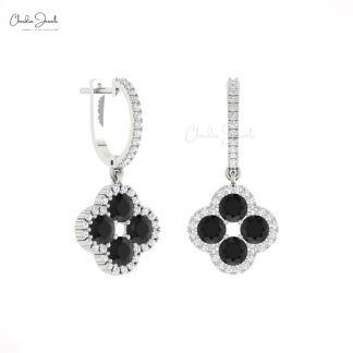 Floral Diamond Earring In Solid 14k Gold Black Diamond 4mm Round 4 Leaf Halo Earrings