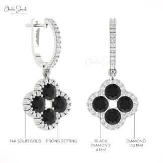 Floral Diamond Earring In Solid 14k Gold Black Diamond 4mm Round 4 Leaf Halo Earrings