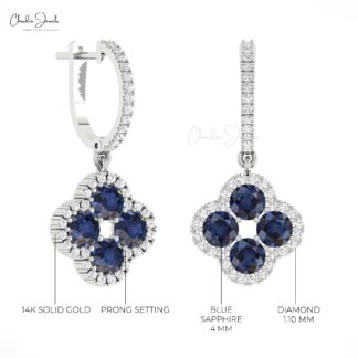 Solid 14k Gold Dangle Hoop Earrings With 4mm Blue Sapphire And Diamond Halo Earring