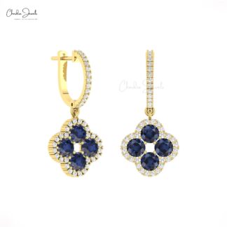 Solid 14k Gold Dangle Hoop Earrings With 4mm Blue Sapphire And Diamond Halo Earring
