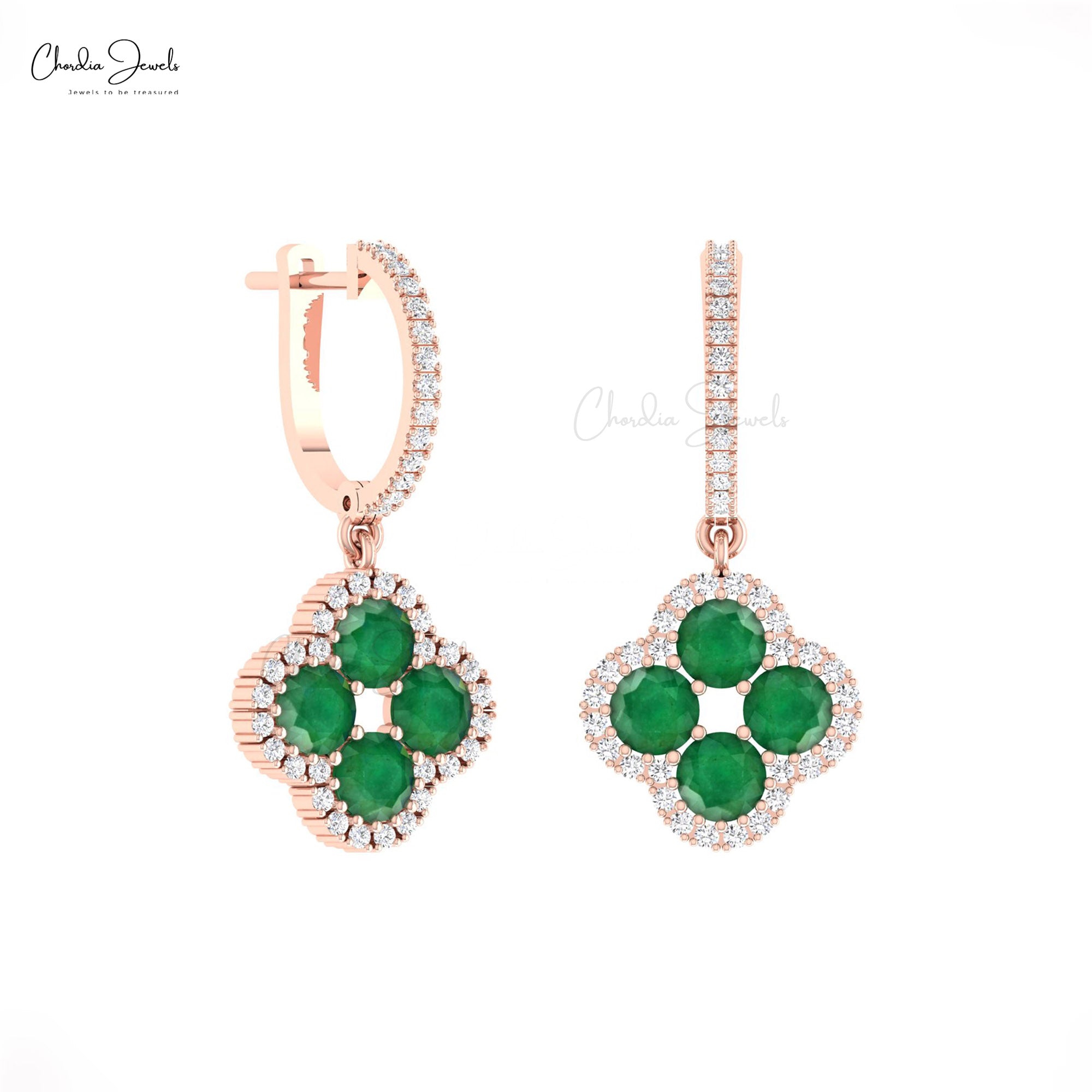Four Leaf Halo Earrings With 3.04 Ct Emerald And Diamond Clover Earrings In 14k Real Gold